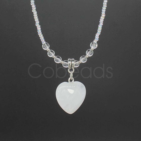 Natural Gemstone Heart Pendant Colorful Glass Seed Beads Beaded Necklaces for Women VA8487-3-1
