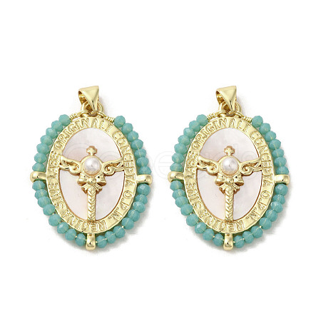 Brass Pave Shell Pendants KK-I708-01B-G-1