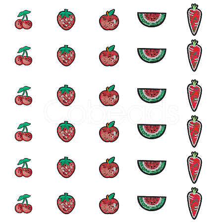 30Pcs 5 Styles Fruit Theme Felt Fabric with Glitter Sequins Iron on/Sew On Patches PATC-FH0001-14-1