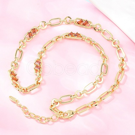 7MM Brass Pave Cubic Zirconia Figaro Chain Necklaces NJEW-D324-05G-01-1
