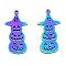 Ion Plating(IP) 201 Stainless Steel Pendants, Halloween Style, Pumpkin Jack-O'-Lantern, Rainbow Color, 30x15x1mm, Hole: 1.4mm