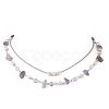 Natural Amethyst Chip & Glass & 304 Stainless Steel Handmade Link Chain Double Layer Necklaces for Women NJEW-JN05363-01-2