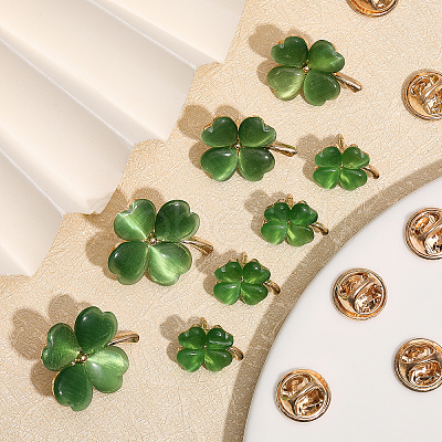 12Pcs 3 Size Green Resin Clover Lapel Pin Brooch JEWB-CA0001-39-1