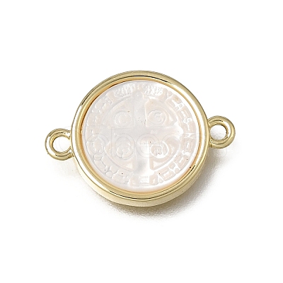 Natural White Shell Brass Flat Round Links Connector Charms KK-C262-03B-02G-1