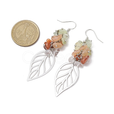 Leaf 201 Stainless Steel Natural Quartz Crystal & Natural Prehnite & Natural Carnelian & Natural Sunstone Chip Dangle Earrings EJEW-JE06138-03-1