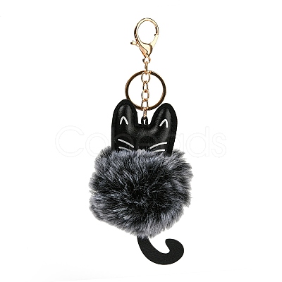 Cute Cat PU Leather & Imitate Rex Rabbit Fur Ball Keychain KEYC-C005-01F-1