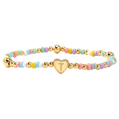 Summer Stainless Steel Heart Alphabet Colorful Glass Seed Beaded Stretch Bracelets for Women JV8929-46-1