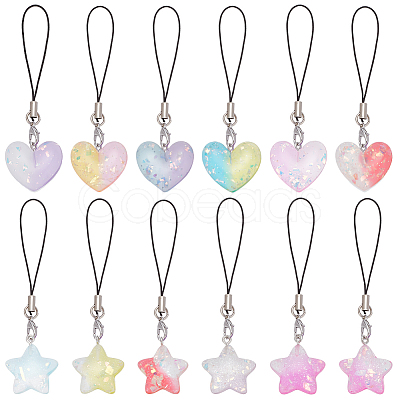 Gradient Color Translucent Resin Heart & Star Mobile Strap HJEW-PH01806-1