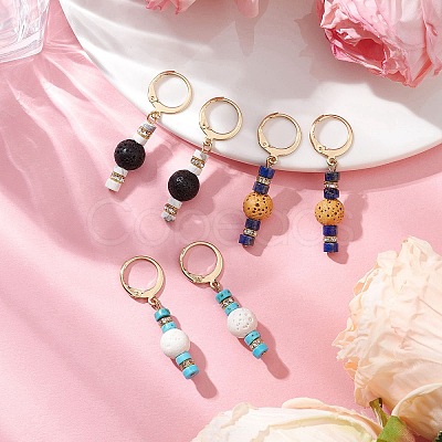 3 Pairs Natural Lava Rock & Natural Howlite & Natural Lapis Lazuli Beaded Hoop Earrings EJEW-JE06177-1