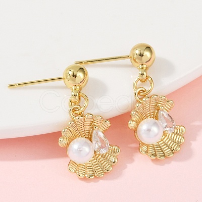 Shell Shape Brass Micro Pave Clear Cubic Zirconia Dangle Stud Earrings EJEW-F895-13G-1