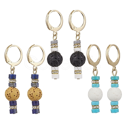 3 Pairs Natural Lava Rock & Natural Howlite & Natural Lapis Lazuli Beaded Hoop Earrings EJEW-JE06177-1