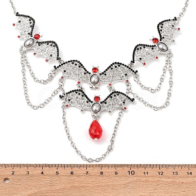 Halloween Bat Alloy Siam Rhinestone Bib Necklaces for Women NJEW-P340-02P-1