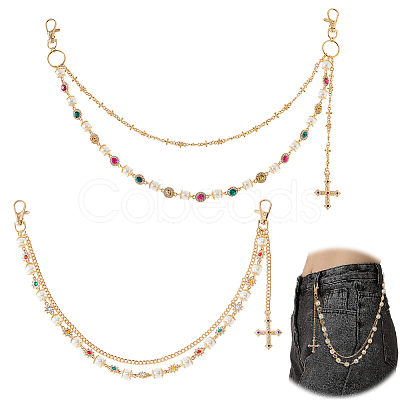 2Pcs 2 Styles Acrylic Colorful Rhinestone & Round Plastic Pearl Link Chain Double Layer Alloy Cross Charm Jean Chains AJEW-HS0001-26KCG-1