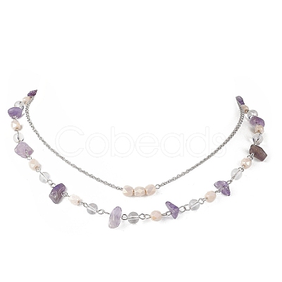 Natural Amethyst Chip & Glass & 304 Stainless Steel Handmade Link Chain Double Layer Necklaces for Women NJEW-JN05363-01-1