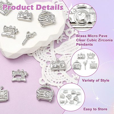 10Pcs 5 Styles Brass Micro Pave Clear Cubic Zirconia Pendants KK-CJ0004-26P-1