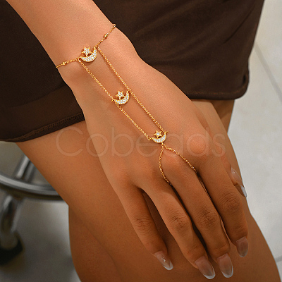 Star Moon Brass Micro Pave Clear Cubic Zirconia Hand Chain Ring Bracelets for Women KH7089-1