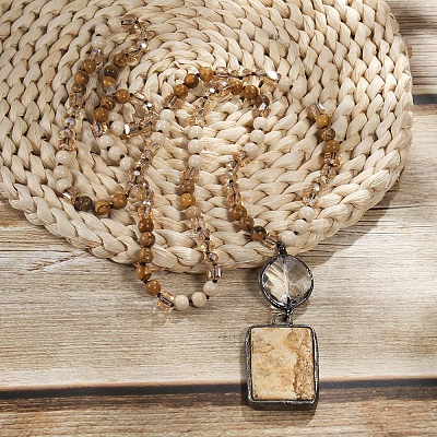 Rectangle & Flat Round Bohemian Style Natural Picture Jasper with Glass Pendant Necklaces FS-WGEA5B3-01-1