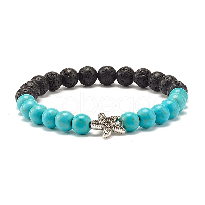 Round Synthetic Turquoise & Natural Lava Rock Stretch Bracelet BJEW-JB07470-05-1