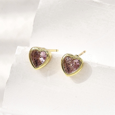 Brass Cubic Zirconia Heart Stud Earrings EJEW-L261-030G-1