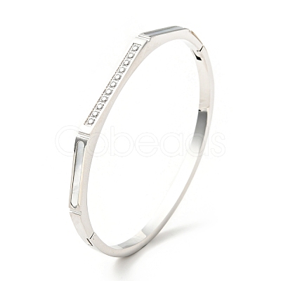 Shell Oval and Cubic Zirconia Hinged Bangle BJEW-G644-01-1
