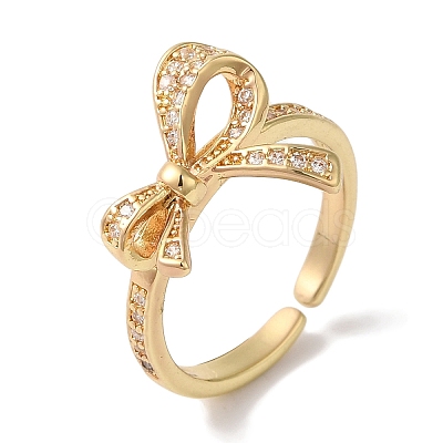Bowknot Brass Micro Pave Clear Cubic Zirconia Open Cuff Rings for Women RJEW-C098-25G-1