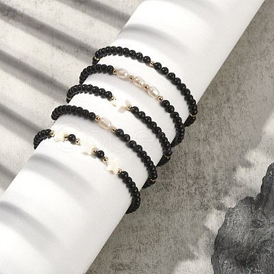 5Pcs 5 Style Synthetic Black Stone & Pearl & Shell Star Beaded Stretch Bracelets Set BJEW-JB09495-02-1