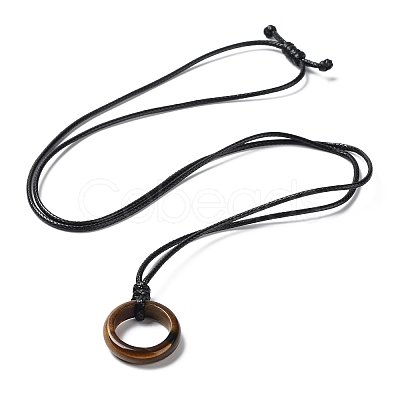 Natural Tiger Eye Ring Pendant Necklace with Waxed Cords NJEW-R262-01B-07-1