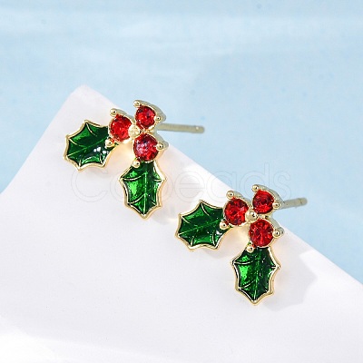 Cubic Zirconia Cherry Stud Earrings with Enamel LS-EJEW-P199-14G-1