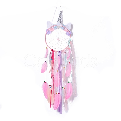 Handmade Unicorn Woven Net/Web with Feather Wall Hanging Decoration HJEW-A001-01A-1