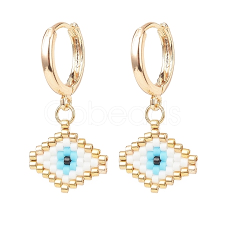 Japanese Seed Braided Rhombus with Evil Eye Dangle Hoop Earrings EJEW-MZ00002-01-1