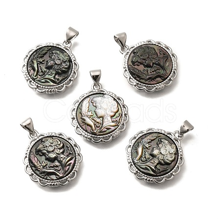 Brass with Natural Shell Carved Pendants KK-Z091-05P-02-1