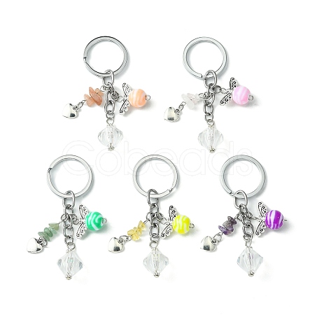 Gemstone Chip & Alloy Heart Pendant Keychain with Angel Acrylic Charm KEYC-JKC00541-1