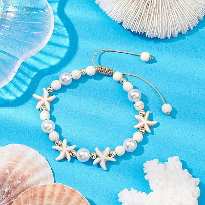 2Pcs 2 Colors Adjustable Dyed Synthetic Turquoise & Shell Pearl Braided Bead Bracelets BJEW-PA0001-04-1