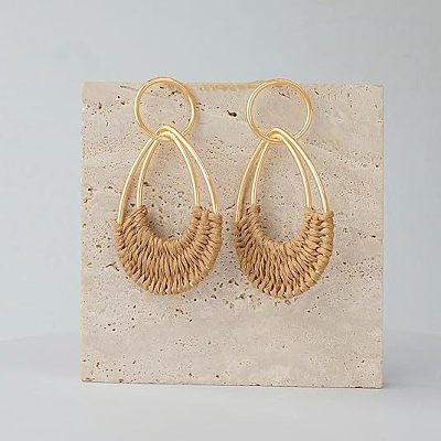 Woven Teardrop Alloy Raffia Stud Dangle Earrings FS-WG09963-02-1