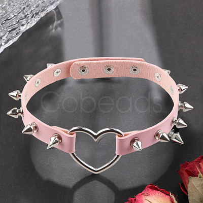 Adjustable Adjustable Gothic PU Leather Alloy Spike Rivet Heart Choker Necklaces for Women NJEW-WH20816-006P-D-1