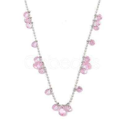 304 Stainless Steel Cubic Zirconia Teardrop & Flat Round Bib Ball Chain Necklaces for Women NJEW-F328-11P-08-1