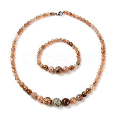 Natural Agate Round Beads Bracelets & Necklaces Sets SJEW-L132-22-1