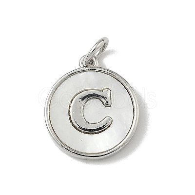 Brass Pave Natural Shell Flat Round with Letter Charms KK-Z115-13P-C-1