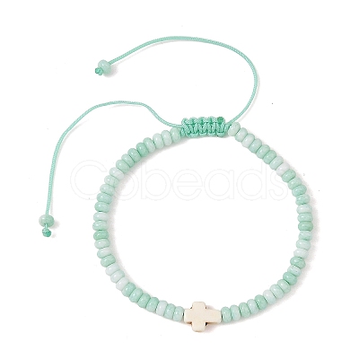 Adjustable Dyed Synthetic Turquoise Religion Cross & Ombre Effect Dyed Glass Rondelle Braided Bead Bracelets BJEW-JB14309-1
