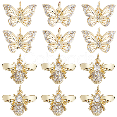 12Pcs 2 Style Brass Micro Pave Clear Cubic Zirconia Charms KK-DC0001-90-1