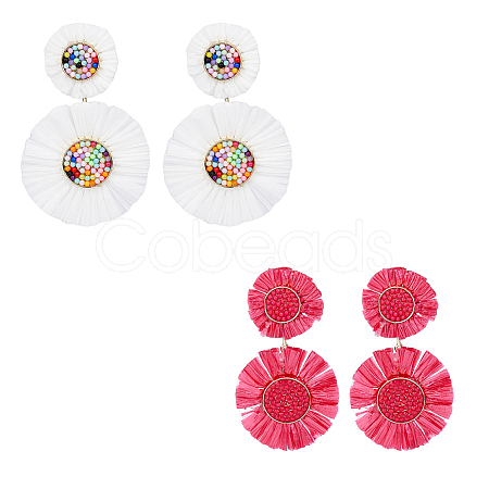 2 Pairs 2 Style Raffia Flower Dangle Stud Earrings EJEW-FI0003-23-1