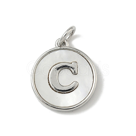 Brass Pave Natural Shell Flat Round with Letter Charms KK-Z115-13P-C-1