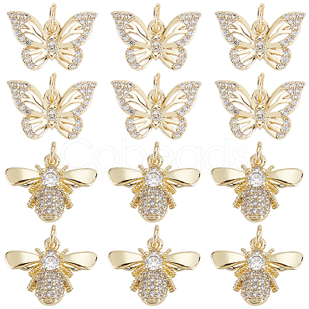 12Pcs 2 Style Brass Micro Pave Clear Cubic Zirconia Charms KK-DC0001-90-1