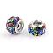 Polymer Clay Rhinestone European Beads, Large Hole Beads, Rondelle, with Silver Color Plated Brass Cores, Colorful, 10~12x7~8mm, Hole: 5mm