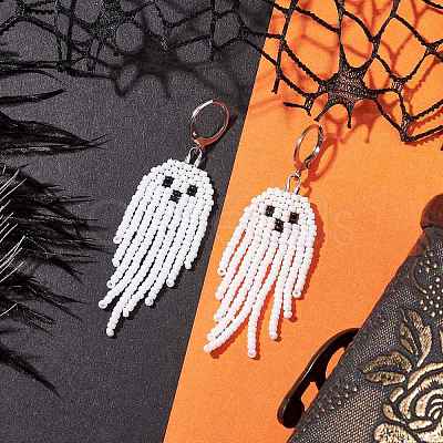 Halloween Woven MIYUKI Seed Beads Ghost Hoop Earrings EJEW-JE05854-01-1