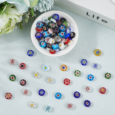 3 Strands Flat Round Handmade Millefiori Glass Beads Strands LAMP-LT0001-15C-1