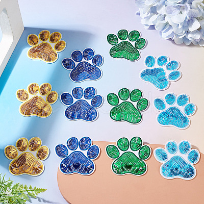 12Pcs 4 Colors Pawprint Polyester & Sequin Cloth Iron on Sew on Patches PATC-TA0001-63-1