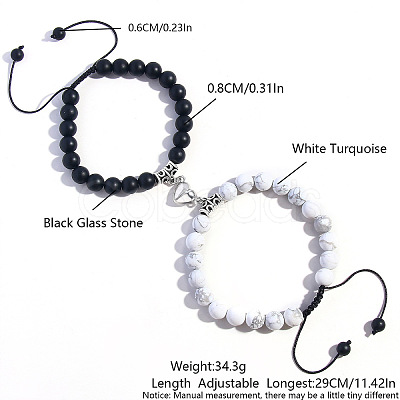 2 Pcs Synthetic Black Stone & Howlite Couple Bracelets with Heart Magnetic Attraction EH4505-2-1