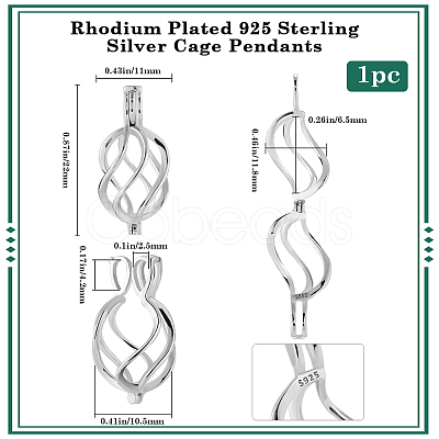 1Pc Rhodium Plated 925 Sterling Silver Cage Pendants STER-BBC0007-18A-1