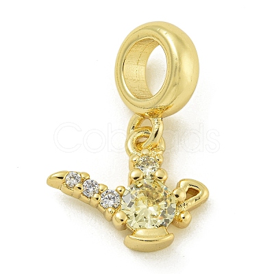 Rack Plating Brass Pave Clear & Light Yellow Cubic Zirconia Kettle European Dangle Charms KK-Z067-59G-1